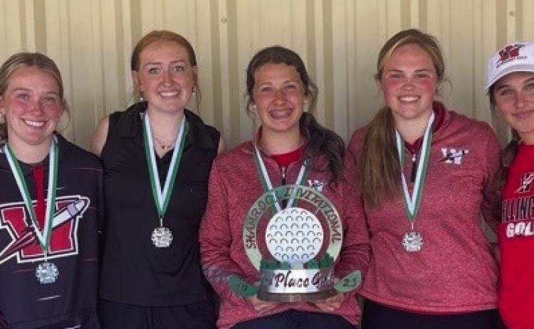 The 2023 Lady Rocket golf team finished in second place at the Shamrock Invitational on Monday, March 27. The team includes Kaitlin Bawcom, left, Kendra Bawcom, Shaylee Neeley, Brynlee Proffitt, Briley Waters, Emma Flores and Summer Neufeld. Courtesy Photo