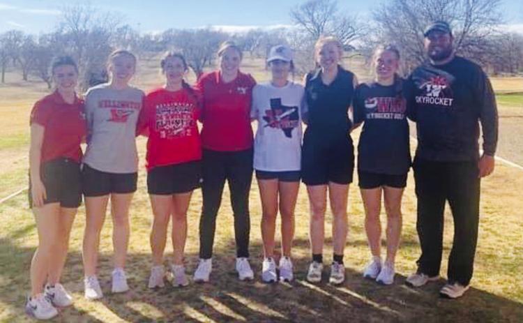 Coached by Klark Ashmore, the Wellington Lady Rocket golf team finished third at Memphis Invitational, held at the Memphis Country Club, Monday, Feb. 27. Individually, junior Briley Waters medaled fifth place. From left, Summer Neufeld, Kaitlin Bawcom, Brynlee Proffitt, Waters, Emma Flores, Shaylee Neeley, Kendra Bawcom, Ashmore. Courtesy Photo