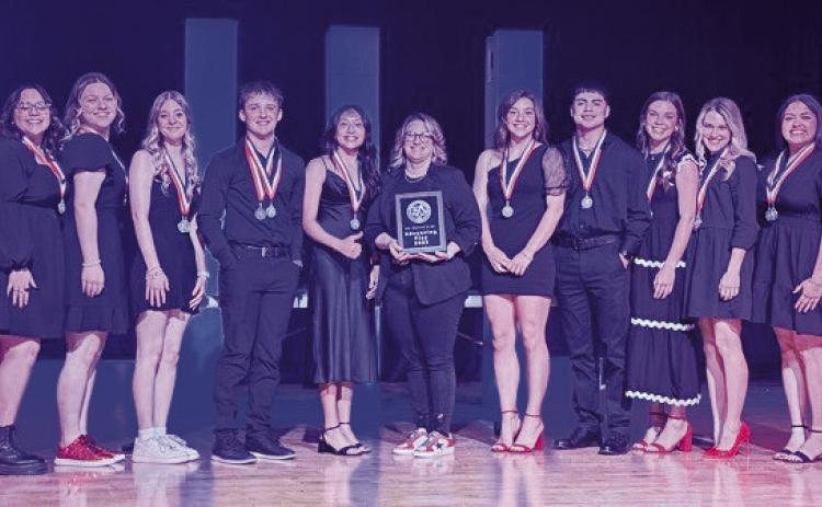 Judges award Wellington High School One Act Play’s performance, “What I Did Last Summer,” as an advancing play at the recent district contest. From left: Anna Granadoz, Rylyn Colson, Jaci Porter, Jackson Jones, Leslie Rodriguez, Director Lana Tillman, Treylea Wiebe, Miguel Rincon, Ceighley Killian, Maggie Tillman, Ava Garcia. Wellington High School