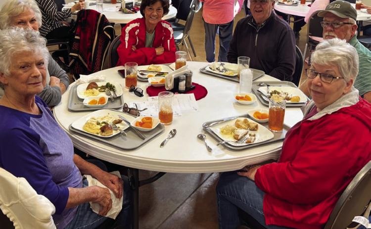 Collingsworth County senior citizens, including Pat Roberson, left, Beverly Ray, Shannon and Danny West and Larry and Janet Haddock, gather for lunch at the Community Café, situated inside Wellington Senior Citizens Center at 906 Amarillo St. Courtesy Photo