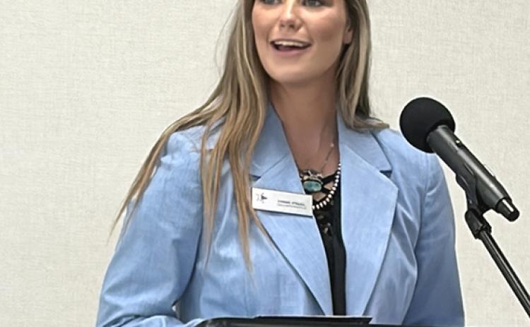 Addressing the small crowd at the Monday, Sept. 14, Collingsworth County Farm Bureau County Convention and Dinner, Texas Farm Bureau Field Representative Lyndee Stegall shares her passion for enlightening youth on how agriculture impacts their lives. INTREPID PHOTO / BEV ODOM