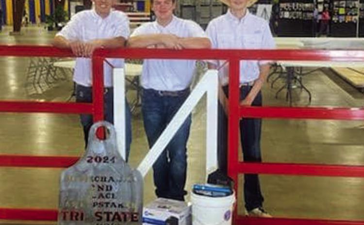 Childress High School’s Kaden Chapman, Tuck Detwiler and Tripp Tippett recently compete at the Tri-State Fair and Rodeo Ag Mechanics Show Friday, Sept. 13 in Amarillo. Winning second-place sweepstakes, the trio received a first-place class win on an entry gate, while Detwiler received a first-place class win on his individual entry of a coffee table. Courtesy Photo