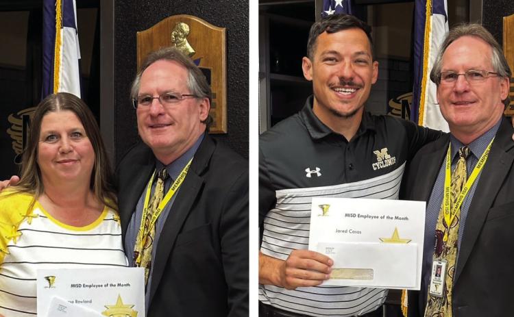 Austin Elementary School secretary Laressa Rowland, left, and Memphis Middle School science teacher and coach Jared Casas, right are named the Memphis Independent School District (ISD) April Employees of the Month. Memphis ISD Superintendent William Alexander presented each with a $25 check, courtesy of First Bank and Trust, as well as a certificate. Photos Courtesy of Memphis ISD