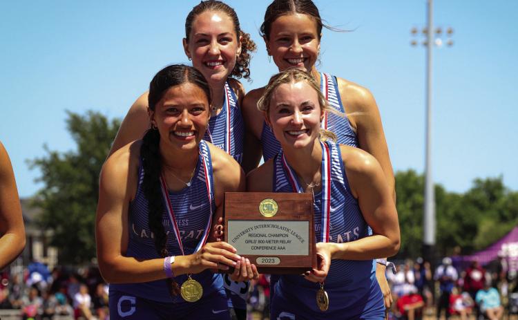 The 800-meter relay team of Clarissa Gamboa, Chloe Churchill, Kate Taylor and Chloe Carroll break the previously held 1998 school record with a first-place time of 1:43.55 at the Region 1-3A Track and Field Championships at Abilene Christian University. Back row, from left: Carroll, Churchill. Front row, from left: Gamboa, Taylor. Through the Lens of Liz/Elizabeth Oronia