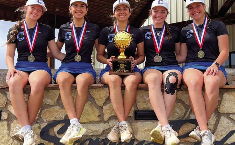 For the fourth consecutive year, the Childress Lady Cats take the district championship, qualifying for regionals, Monday, April 1 at Stoney Ridge Golf Course in Childress, thanks to individual placements by Isabella Jurado, second, and Colee Cox, third. From left: Joshlynn Roark, Olivia Jurado, Isabella Jurado, Colee Cox and Emma Jalomo. The Regional Invitational will be held Wednesday, April 17-Thursday, April 18 at Shady Oaks Golf Course in Baird. Courtesy Photo