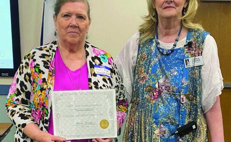 Collingsworth County Retired School Personnel Association (RSPA) President Phyllis Floyd, left, accepts a certificate of recognition for increased membership from District 16 Texas Retired Teacher Association President Charla Overton during the recent conference. Courtesy Photo