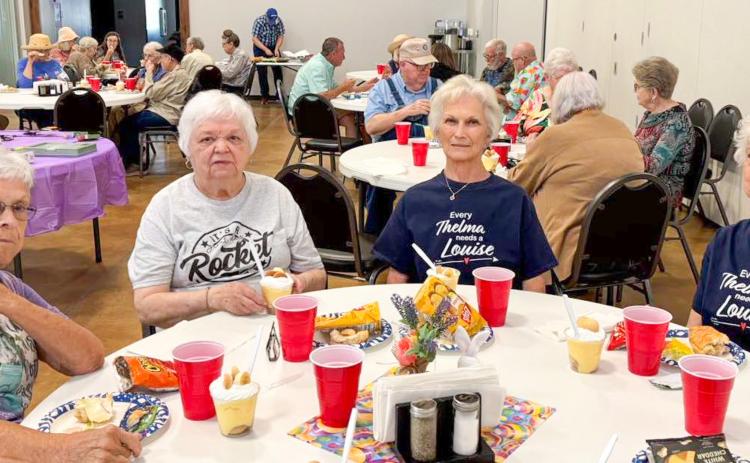 Members of the Wellington Senior Citizens Center dine on a picnic-themed meal of sub sandwiches, vegetables, chips and banana pudding, catered by Angel’s Subs &amp; Sweets, for the Thursday, March 19 “Welcome, Spring” social. From left: Brenda Barton, Alta Porter, Beverly Rae, Pat Roberson. Wellington Senior Citizens Center