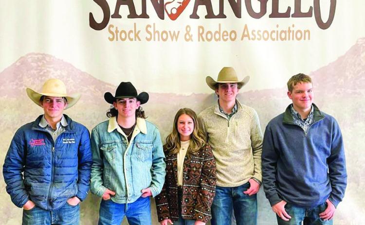 Childress FFA Ag Mechanics students Riggin Brents, Levi Schaefer, Kady Belle McInturf, Jett Teague and Tuck Detwiler compete at the statewide Ag Mechanics Contest at the recent San Angelo Stock Show and Rodeo, earning blue ribbons. Projects included a 12x6 flatbed trailer, built by Teague and Schaefer; a rocket cooker, a portable woodburning camping stove, by Detwiler; a jack-a-jig, a hydraulic trailer jack, by McInturf; and spurs and a bit by Brents. Courtesy Photos