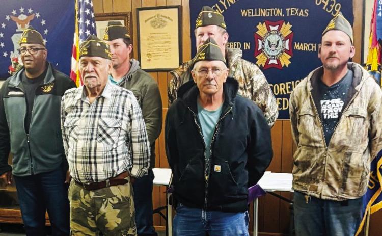 Recently elected officers of the Glynn Moore VFW Post 6439 recite their oath of office. Front row, from left: Two-Year Trustee Adam Sosa, Service Officer Lee W. Lacy. Second row, from left: Commander Rodney Bishop, Senior Vice Commander Johnny D. Davis, Junior Vice Commander Michael L. Stanley, One-Year Trustee Danny J. Sain. VFW Post 6439