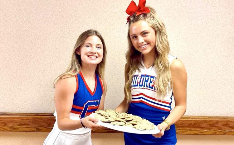 Miss Irish Rose Adlee Lambert, of Childress, hosts a mini cheer camp, including chocolate chip cookies, at Childress Healthcare Center alongside her teammate, Piper. “Community service is one of my favorite parts of holding the title of Miss Irish Rose,” Lambert said “It was such as joy hearing stories from former Childress cheerleaders who once stood on the same sidelines I do now.” MISS IRISH ROSE