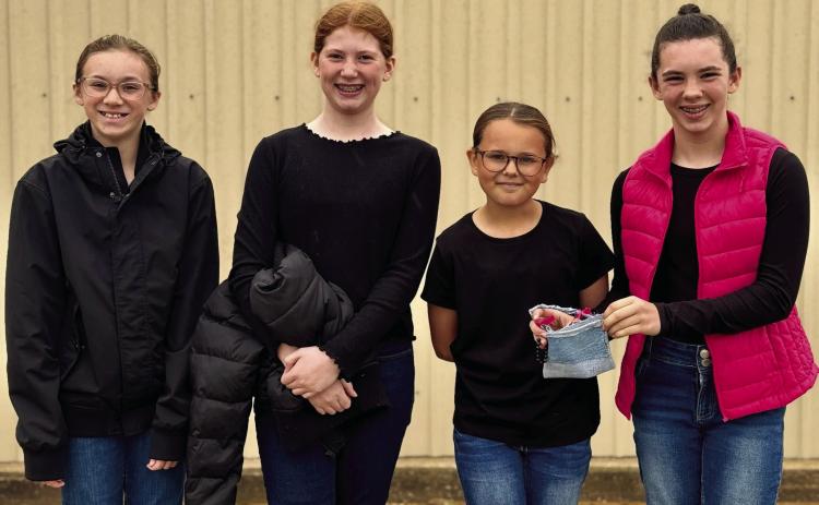 Childress County 4-Hers compete at the Rolling Plains District 3 Fashion Show Saturday, April 5 in Archer City. Taking a second-place team finish in Duds to Dazzle, Liesel Schaefer placed first in Junior Storyboard, Miranda Henry placed first in Intermediate Storyboard and third in Fashion Under $25 and Cambri Willis placed second in Dressy to Semi-Formal. From left: Henry, Schaefer, Willis, Libby Sanford. Childress County 4-H