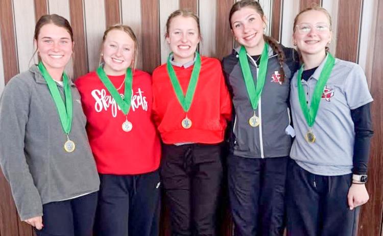 The Lady Rocket golf team garners second place at the Amarillo Highland Park Invitational on Monday, Feb. 23 where Allie Duncan finished as a top three individual. From left: Maggie Tillman, Duncan, Elli Ouellette, Anna Dwyer, Hartley Kane. Wellington High School