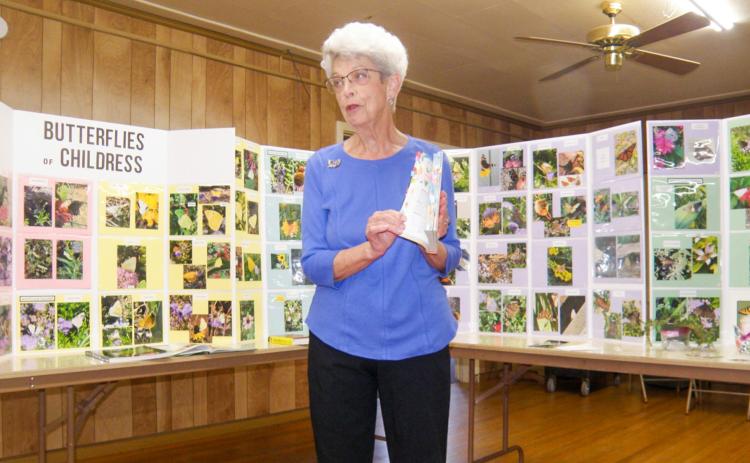 Edie Johnson, coined the “Butterfly Lady” of Childress, presented a program to Delta Kappa Gamma on butterflies that visit Childress, including her Noth American Butterfly Association Certified Butterfly Garden in southeast Childress. She frequently referred to her butterfly display—photos of butterflies she created on sets of triptych panels. Johnson gave a complete list of items to attract butterflies, as well as one item to never include—“no insecticides, ever,” she said. Grace Holman