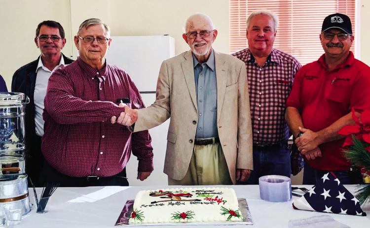 The Collingsworth County Commissioners Court gathers to celebrate the retirement of Judge John James and Pct. 4 Commissioner Kirby Campbell with a reception. From left: Collingsworth County Clerk Jackie Johnson, Pct. 2 Commissioner James Ellis, James, Campbell, Pct. 3 Commissioner Joel Sherwood, Pct. 1 Commissioner Farris Nation and County Treasurer Gina Harris. Courtesy Photos