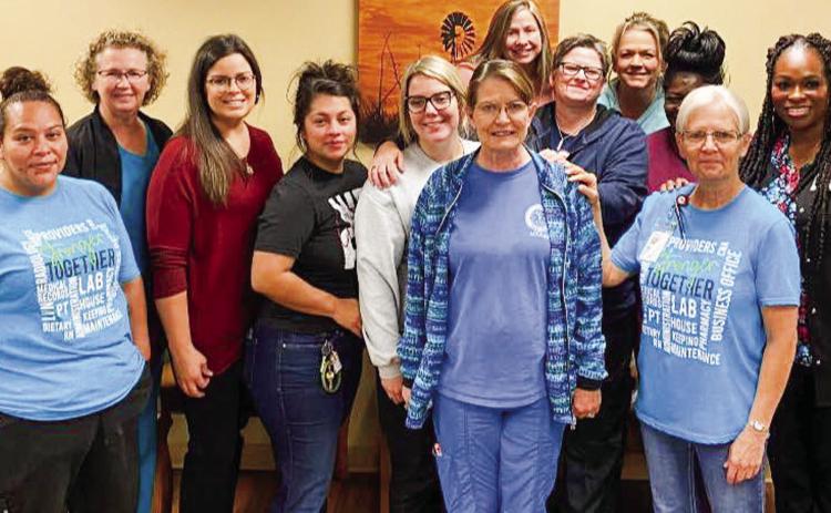 OnFriday,Oct.7,Collingsworth General Hospital (CGH) said “so long” to longtime nursing assistant Valerie Vaughn-Mathews, who served patients for over 10 years. “We love her and will miss her tremendously,” said CGH Chief Nursing Officer Vikki Barton. From left, Saydee Castor, Nancy Salas, Sonia Jones, Kelli Killian, Jasmine Ryan, Brooke Zuniga, Vaughn-Mathews, Shanna James, Shelly McWhorter,VikkiBarton,Cindy Mary White, Sarah Jett, Brandy Thomas, Payton Darrow. Courtesy Photo
