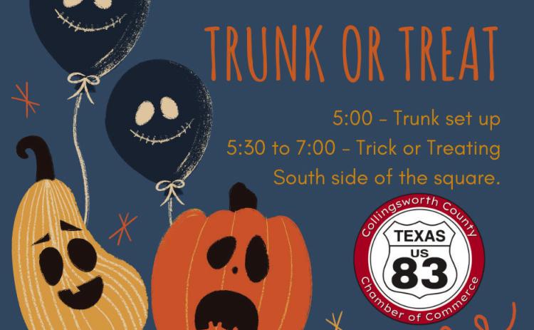 “Trunks” are invited to begin set-up at 5 p.m. on the south side of the Collingsworth County Courthouse Square Monday, Oct. 31. For the Collingsworth County Chamber of Commerce’s Trunk-or-Treat event from 5:30-7 p.m. Courtesy Image