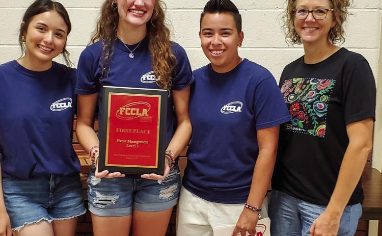 The Memphis High School (MHS) Family, Career and Community Leaders of America (FCCLA) senior team of Gizelle Rodriguez, Maggie Cook and Corrina Torres, along with MHS FCCLA Adviser Summer Lindley, visit the Memphis Lions Club Wednesday, July 12. The team presented their Students Taking Action with Recognition (STAR) Event Level 3 Event Management project, which they recently took gold with at the National Leadership Conference in Denver, Colo. Courtesy Photo