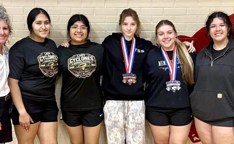 Qualifying Memphis powerlifters compete at regional invitational Friday, March 6 in Odessa, where Lizzie Valle punched her ticket to the upcoming Texas High School Women’s Powerlifting Association’s State Championships. From left: Coach Michelle Branigan, Nicole Villanueva, Joslyn Cobos, Selena Friesen, Valle, Katrina Torres. Memphis ISD