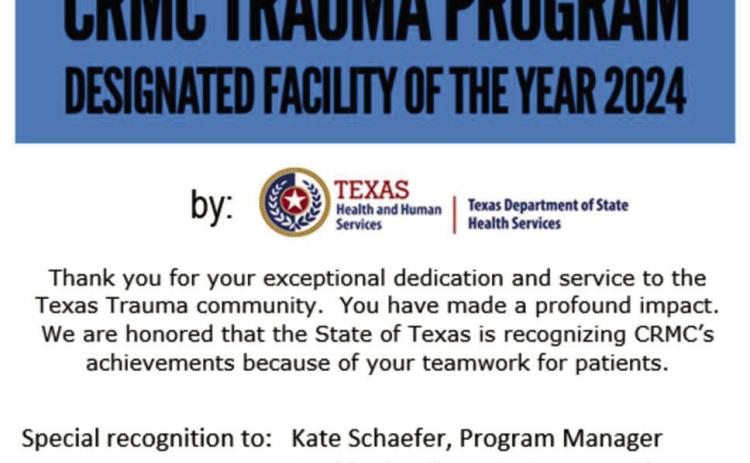 CRMC Trauma Program selected as Texas DSHS Designated Facility of the Year