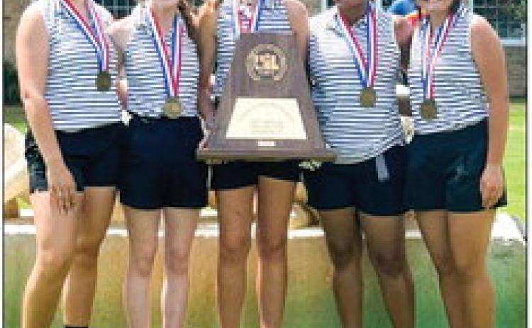 The Memphis Lady Cyclone team, including Katelyn Morris, left, Braylee Brooks, Maggie Cook, Kiyonna Matthews and Eliana Gonzalez, take bronze at the UIL Class 2A Girls’ Golf State Tournament on Tuesday, May 23 at Lions Municipal Golf Course in Austin. Courtesy Photo