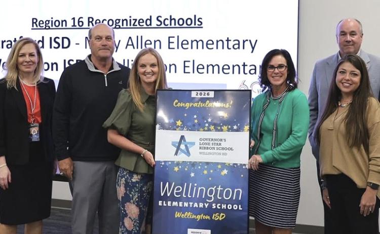 Presented by Region 16 Education Service Center administration, left and right, Wellington Independent School District staff, including Superintendent Kurt Ashmore, Wellington High School Principal Deidre Kane (former Wellington Elementary School (WES) Principal), new WES Principal Tracey Langford, and WES Counselor Meagan Teague, accept the 2026 Governor’s Lone Star Ribbon School at the Region 16 Education Service Center on Wednesday, Oct. 21. COURTESY PHOTO