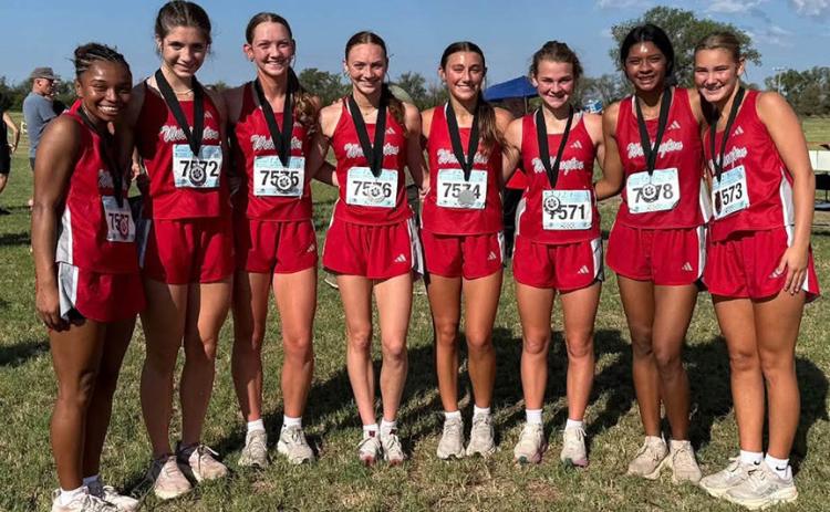 The Lady Rocket cross country team brought home the title on Saturday, Sept. 26, from the Third Annual Hollis Tigers Cross Country Meet at the Hollis Golf Course. All eight Lady Rocket runners medaled, including Aleah Lewis, Anna Henard, Kaesyn Kane, Taytum Kane, Claire Kane, Halle Hedrick, Priscilla Marentes, and Ava Kate Inman. WELLINGTON HIGH SCHOOL