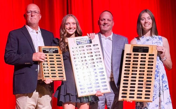 During the 6:30 p.m. Monday, May 11 Wellington High School (WHS) All-Sports Banquet at the WHS Auditorium, students received recognition for an outstanding year of Skyrocket athletics. WHS Sophomore Taytum Kane receives the Cross Country Most Valuable Player (MVP) Award, presented by Coach Travis Nicks, the Girls’ Basketball MVP Award, presented by Coach Shannon Fisher, and the Girls Track MVP Award, presented by Coach Courtney Head. SHAUNA SALINAS/THE GREENBELT INTREPID