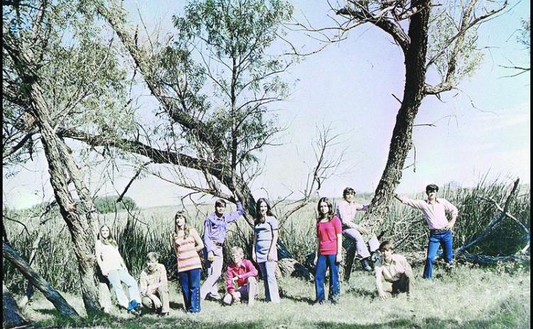 Quail High School Class of 1973 graduates gathered in a tree grove include Nancy Pendergraft, Jimmy Green, Sandra Sullivan Motsenbocker, Jerry Alston, Joel Ross, Sherri Canada Barton, Janet Patterson Brown, Gary Alston, Calvin Green, Terry Canada. Photo Provided by Collingsworth Public Library Digital Website