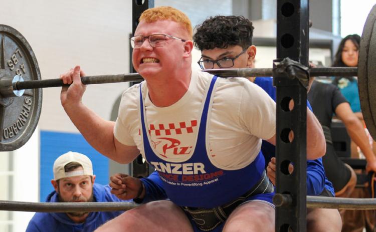 Childress’ Ethan Ferguson earns a first-place lift in weight class 242, squatting 285 pounds, bench pressing 325 pounds and deadlifting 425 pounds for a 1,135-pound total. The Red River Sun/Elizabeth Tanner