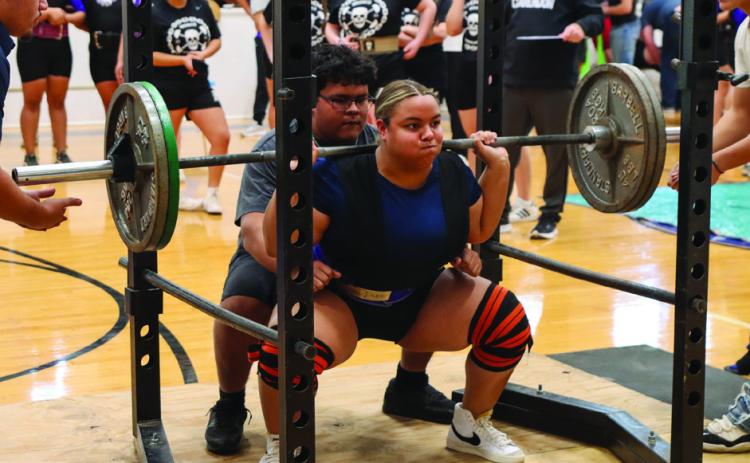 Childress’ Rebekkah Gorman takes a first-place finish in weight class 242+, lifting a combined 655 pounds, Thursday, Jan. 16 at the season-opening powerlifting meet in Childress. Childress High School Yearbook Staff
