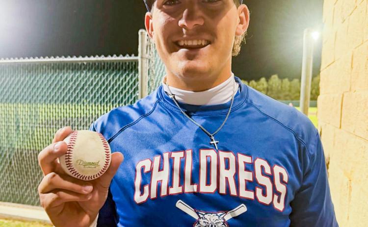 Childress’ Colton Teichelman hits a two-run homer in the first inning of game two against the Coahoma Bulldogs, as the Bobcats battled for the area championship Thursday, May 7 in Littlefield. CHILDRESS BOBCAT BOOSTERS