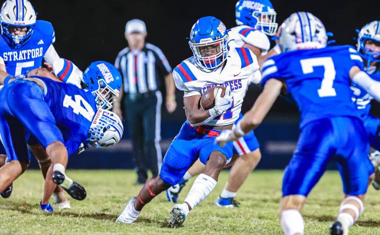 Childress’ Lucian Davis chews up 166 yards with three touchdowns in the Bobcats’ final non-district matchup against Stratford Friday, Oct. 3 at E.L. Bass Stadium. Press Pass Sports/James Abel