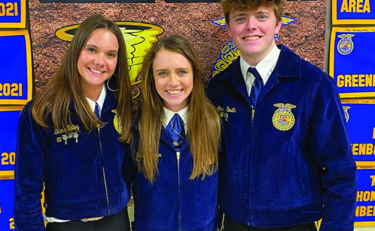 Memphis High School FFA students Emma Talley, left, Braylee Brooks and Carson Smith are featured on KVII – ABC 7 News Amarillo, celebrating the operation of the district’s first successful greenhouse. Courtesy Photo