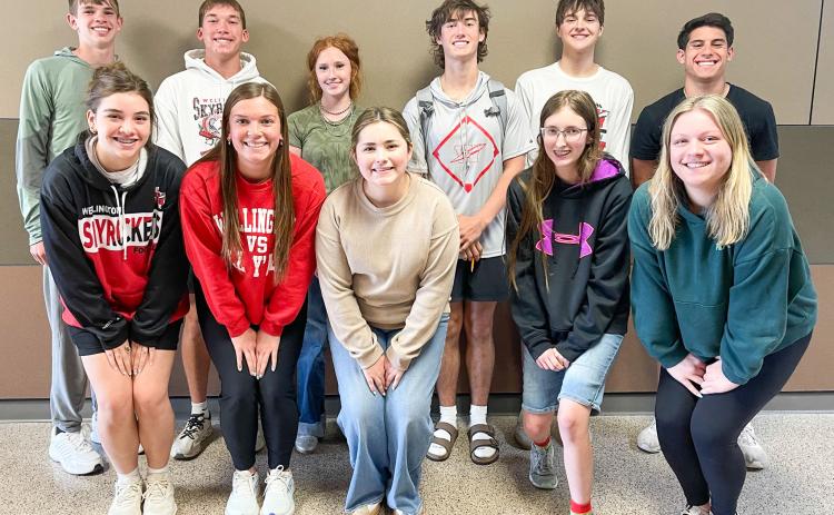 Twelve Wellington High School students advance to the UIL Regional Academic Meet, following the UIL District Academic Meet Wednesday, March 15 in Clarendon. Front row, from left: Treylea Wiebe, Ceighley Killian, Ava Peters, Natalee Hudson, Rylyn Colson. Back row, from left: Damon Keys, Cix Killian, Bailey Page, Lawson Inman, Dixon Dugan, Noah Cantu. Not pictured: Anna Needham. Wellington High School