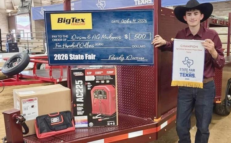 Childress High School’s Tripp Tippett exhibits his welding trailer project at the State Fair of Texas’ Agricultural Mechanics Show, taking the 2026 State Fair of Texas Agricultural Mechanics Project Show Trailer Championship. Tippett’s project also blue-ribboned, as well as received First in Class. CHILDRESS FFA
