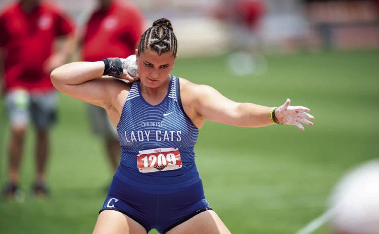 Childress High School senior Taylor Wiseman was recently selected to the 2025 Texas Girls Coaches Association (TGCA) 3A Track and Field All-State Team. A University of Oregon commit, Wiseman recently sealed double-gold at the UIL Class 3A State Championships, throwing firstplace finishes in both discus and shot put. At the meet, Wiseman also broke the Class 3A shot put state record, uncorking a 47-2 to seal her name in the record books. Press Pass Sports/Joe Garcia III