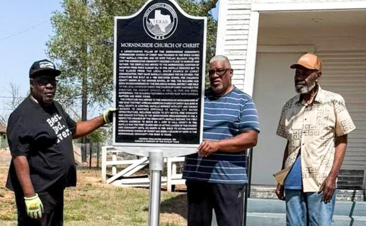 Morningside Church of Christ volunteers recently erect the church’s new state historical marker in preparation for a public unveiling at 1 p.m. Saturday, June 6 in Memphis. Morningside was founded in 1952 as the first Black Church of Christ in Hall County, and the church building dates back to 1906 as the Hughes community school in Childress County. The school was closed in 1930, and the building was later moved to Memphis. COURTESY PHOTO