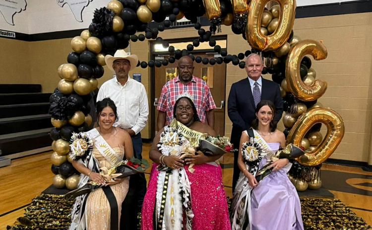 Tanasia Grays (center) was crowned the 2026 Memphis High School Homecoming Queen last week. She is shown here with the other members of the homecoming court - Julia Soto and Lillie Ollinger - and their escorts. MEMPHIS ISD