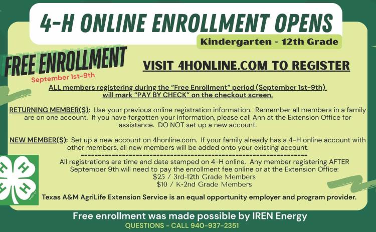 Childress County 4-H to offer free enrollment thanks to IREN