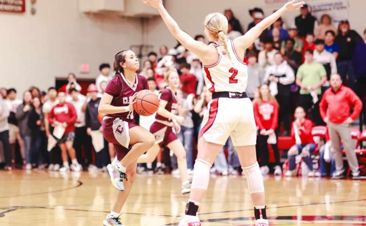 Wellington’s Presley Kane attempts to block Clarendon’s Kenidee Hayes halfcourt buzzer shot Friday, Jan. 19. Press Pass Sports/James Abel