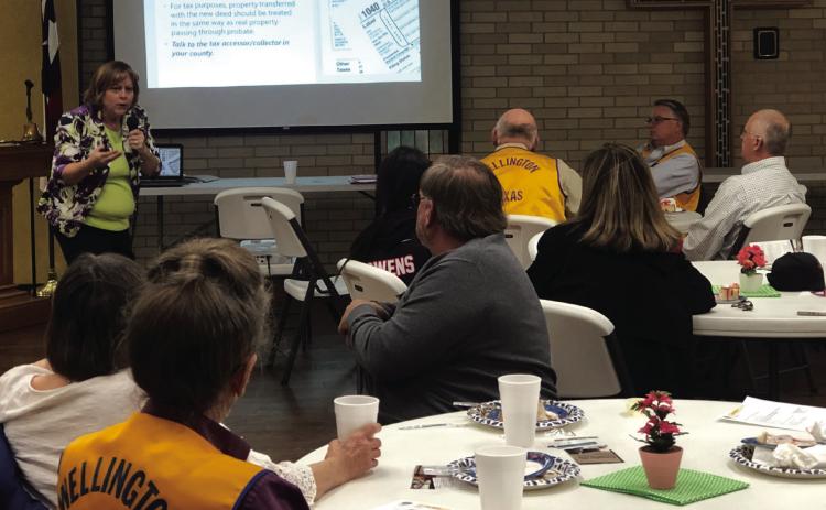 Laurie McAfee, Panhandle Area Agency on Aging Program Support staff, answers questions on the Transfer on Death Deed (TODD) at the Wellington Lions Club meeting Monday, March 20. The Red River Sun/Bev Odom