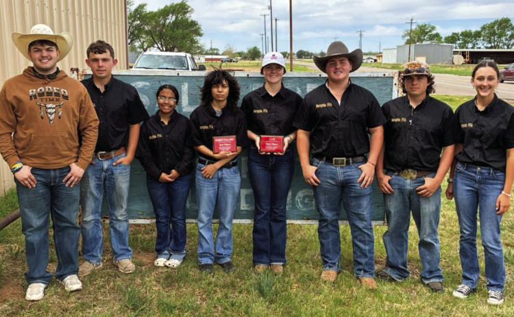Memphis High School Future Farmers of America (FFA) members medal at the recent Salt Fork Soil and Water Conservation District Contest Friday, April 3 in Wellington. The team of Jordyn Altman, Payton Fletcher, Ruston Murphy and Lillie Ollinger placed second in Land Judging, while the team of Vanessa Castillo, Jasmyne Gilchrest, Ricky Murphy and Bradley Richardson placed third in Homesite Evaluation. Memphis ISD