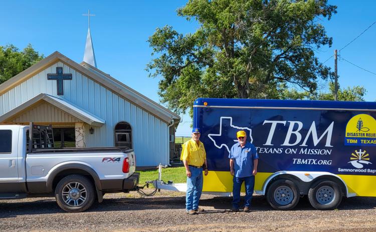 Bro. Lee Bevly, pastor of Samnorwood Baptist Church, and local volunteer Charles Roberts head for Perryton with the Texas Baptist Men’s disaster relief ministry to provide boxes for tornado victims to place belongings. Courtesy Photos