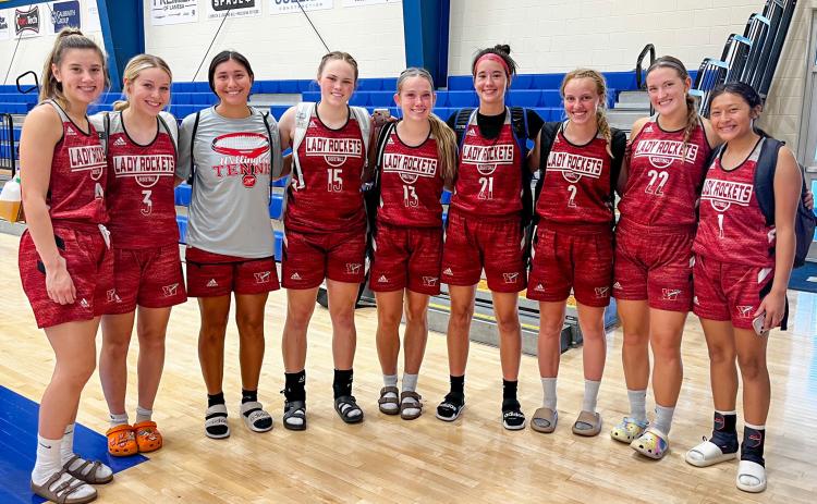 Varsity Lady Rockets Charley Wilbur, left, Harlee Gomez, Abby Garcia, Briley Waters, Kaitlin Bawcom, Lexi Benkley, Presley Kane, Audrey Jones and Leslie Orozco competed in the Lubbock Christian University Lady Chap basketball camp last week. Additional players attending from Wellington included Charlee Bodine, Addalyn English, Ingrid Granadoz, Ceighley Killian, Angela Lewis, Kaycee Martinez, Brynlee Phillips, Brynlee Proffitt, Ellie Thomas, Eryn Torrez and Treylea Wiebe. Courtesy Photo