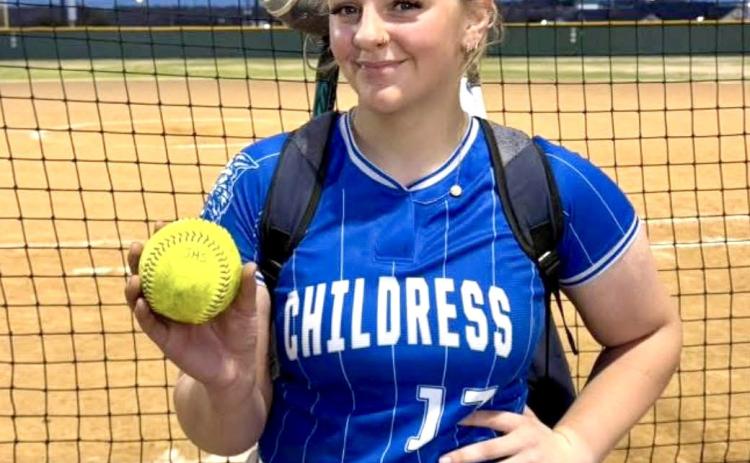 Childress’ Ansley Parr homers to left field on a 54-mph pitch, helping the Lady Cats tie the game at 2-2 in the top of the fifth inning against Jacksboro Thursday, Feb. 12. Courtesy Photo
