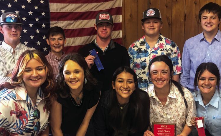 Students representing Wellington FFA and Collingsworth County 4-H gather following the Salt Fork agriculture contest awards ceremony at the SCS Building Friday, March 24. Front row, from left: Jacy Lampe, Kenady Skelton, Christell Melendez, Summer Owens, Heather Peters. Back row, from left: Hunter Hedrick, Lawson Inman, Barrett Phillips, Weston Wright, Dixon Dugan. Not pictured: Lisette Vela. The Red River Sun/Bev Odom