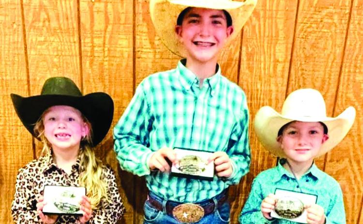 Childress County 4-H Horse Club members recently compete at Junior Rodeo Cowboys Association’s (JRCA) HF&amp;C Shootout Weekend at the Mashburn Event Center in Childress, where Kaas Kinney received All-Around Girl, Age Division 4-5; Quay Bruce received All-Around Boy, Age Division 12-14; and Dawson Adcock received All-Around Boy, Age Division 6-8. Childress 4-H Horse Club