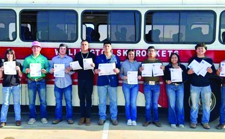 Wellington High School FFA students, including Israel Acosta, left, Addy Mock, Dakota Marshall, Caleb Strickland, Juan Vazquez, Gael Rodriguez, Emily Robles, Gumaro Rincon, Jossaline Cervantes, Rey Ramirez and Eric Garcia, earn SMAW (arc or stick welder) and GMAW (MIG or wire welder) certifications at the recent Wichita Falls Certification and Weld Off. Courtesy Photos