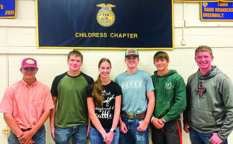 The recently elected 2023-2024 Childress FFA officer team includes, from left, Secretary Riggin Brents, Sentinel Tuck Detwiler, President Shadin Zuber, Vice President Jett Teague, Treasurer Drake Rabe and Reporter Cutter Bruce. Photo Courtesy of Childress FFA