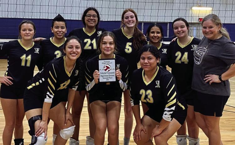 The varsity Memphis Lady Cyclone volleyball team comes in second place at the recent Vernon Tournament Saturday, Sept. 10, going 3-1 overall. Back row, from left: Haydin Martin, Corrina Torres, Jene Smith, Ava Arant, Serena Aguilar, Kali Murphy, Coach Jena Yarbrough. Front row, from left: Audrey Chavera, Macaela Graham, Noemi Martinez. Photo Courtesy of Memphis ISD